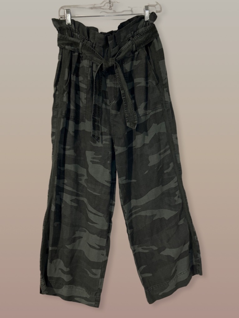 Splendid Linen blend Camo Paperbag Waist Wide Leg Pants w/tie belt size L NWOT